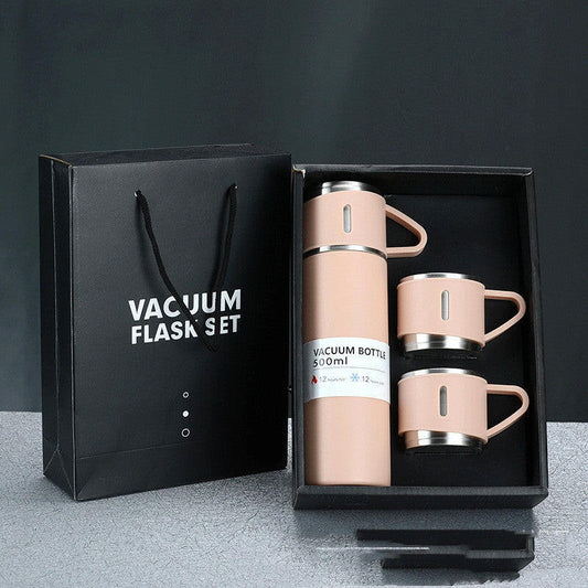 Elegant stainless steel cup set in pink gift box, featuring a 500ml vacuum-insulated cup made from 304 stainless steel inside and 201 stainless steel outside.