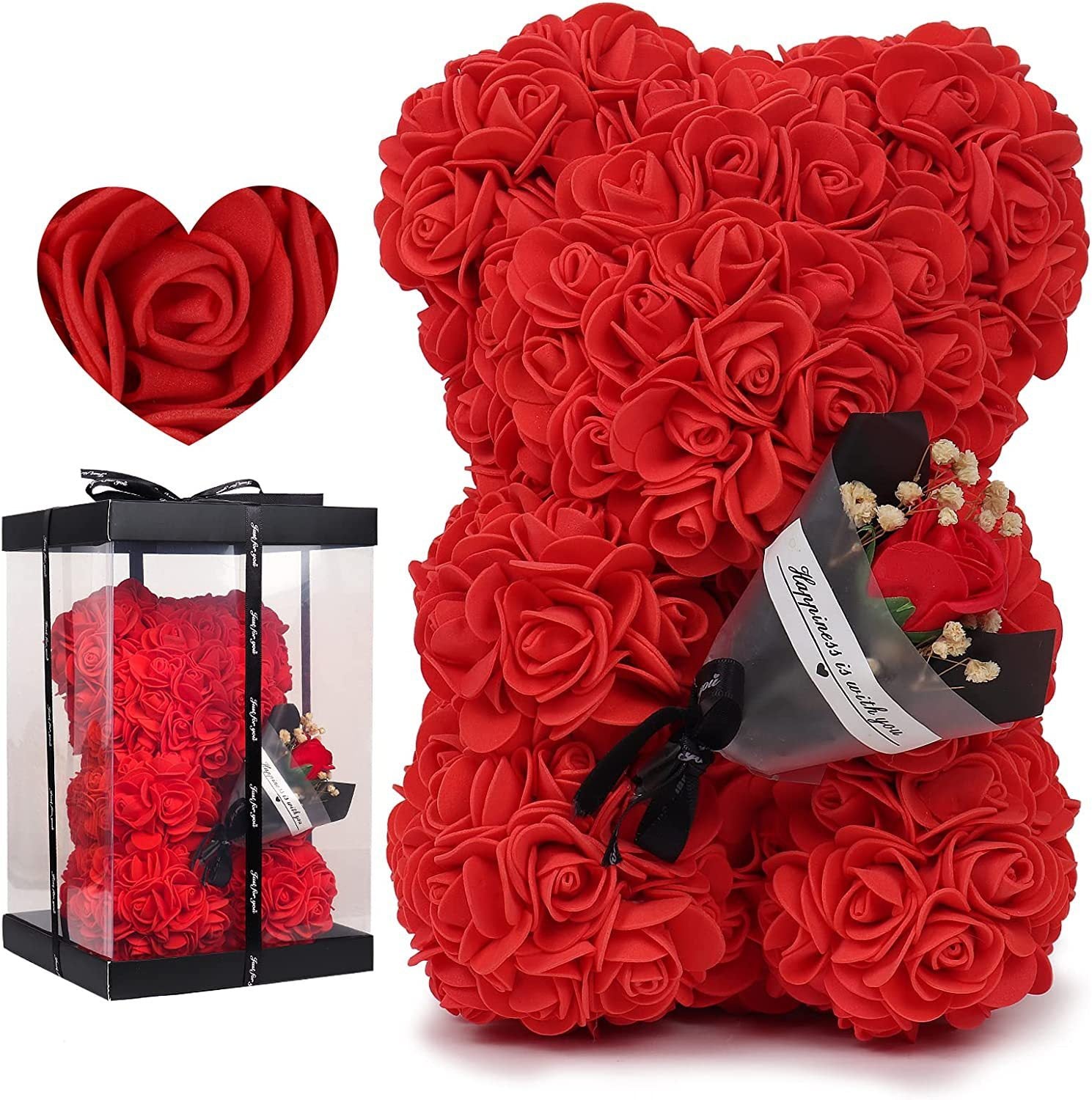 "Rose Flower Teddy Bear – A beautifully crafted teddy bear made from artificial roses, available in various elegant gift box colors. A perfect romantic gift for Valentine's Day, anniversaries, birthdays, weddings, and special occasions."