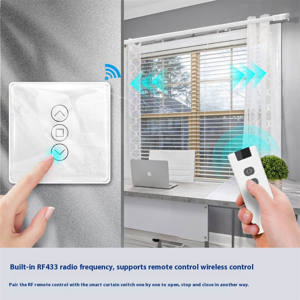 WiFi Smart Curtain with control panel, featuring a waterproof design, timing function, and 2.4GHz RF433 WiFi connectivity. Made with tempered glass and designed for indoor use, it offers smart automation for modern homes.