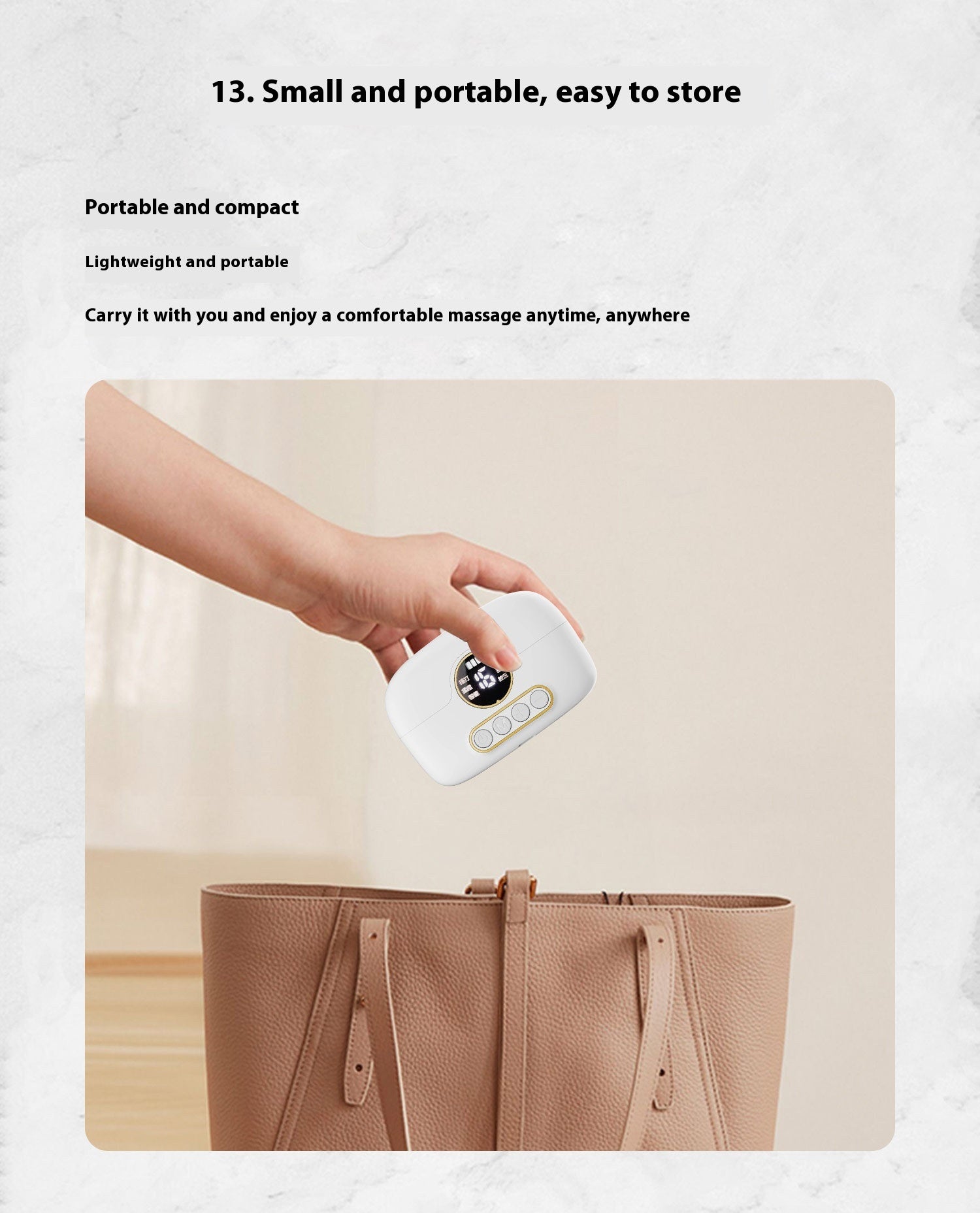 Portable silver USB-powered pocket massage instrument designed for soothing massages, with a compact size for easy travel and a scrub-cleaning method.