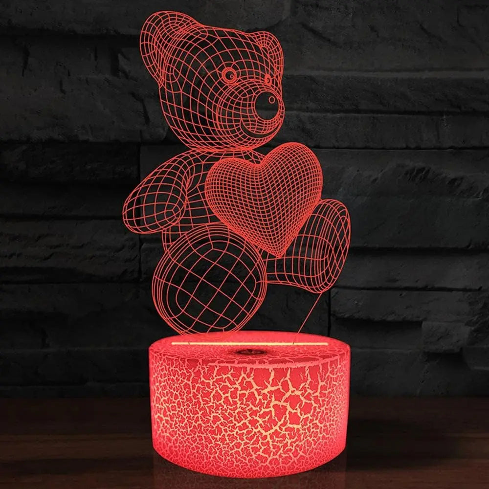 
3D Teddy Bear LED Night Light with 16 color options, touch and remote control, made from acrylic material. Powered by USB or batteries, perfect for kids' room decor.