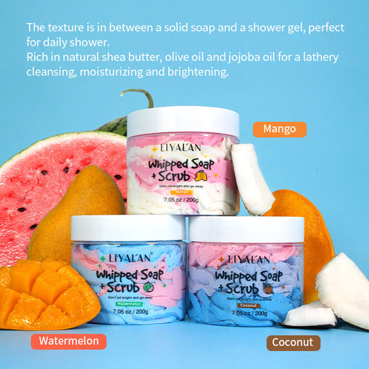 **Coconut Mango Bath Scrub – Exfoliating and moisturizing scrub with a tropical coconut mango scent, suitable for all skin types. Perfect for a refreshing skin care routine.**