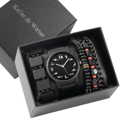 A stylish men's gift box set featuring a quartz watch with a leather strap and three matching bracelets. Perfect for any occasion.