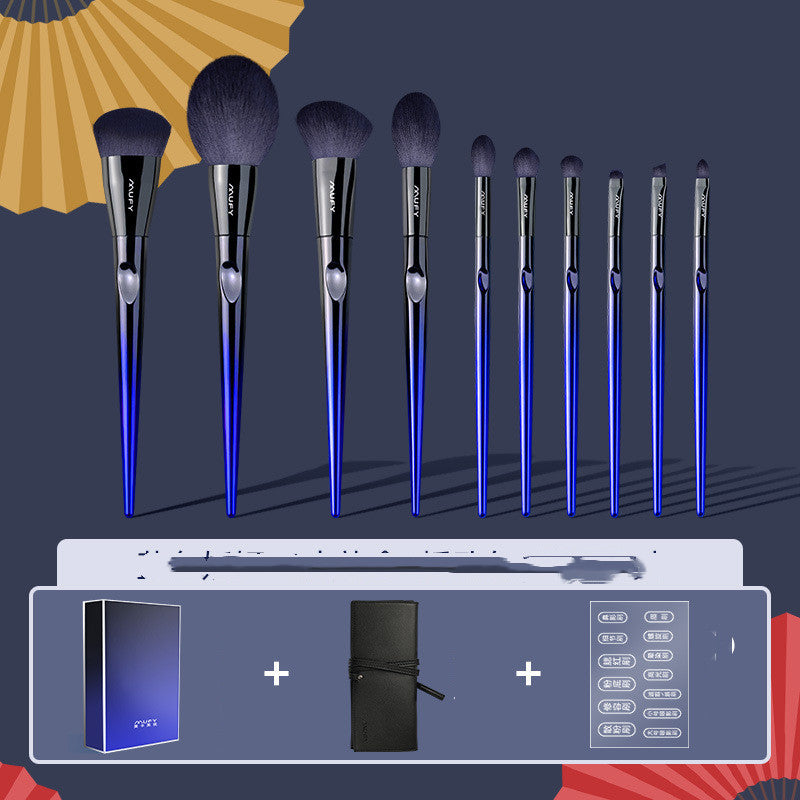 Blue 10-piece makeup brush set featuring soft nylon wool bristles, plastic handles, and a stylish gift box or envelope package, perfect for professional and everyday use.