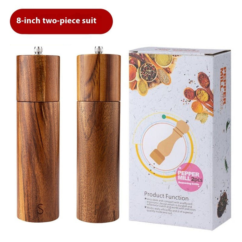 Acacia Mangium 8-inch manual pepper grinder with a ceramic grinding mechanism, available in single, 2-piece, or 3-piece sets. Modern, minimalist design with color box packaging.
