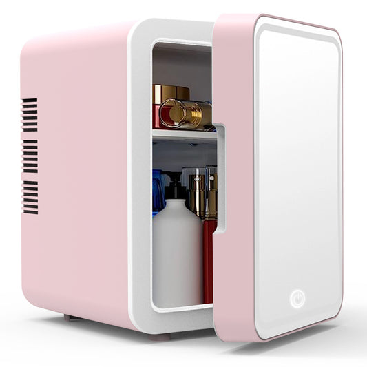 "Refrigerator for Beauty and Skincare Products – A compact, stylish mini fridge made of ABS food-grade plastic with built-in LED lights for easy access. Perfect for storing skincare and beauty products at the ideal temperature. Includes a cigarette lighter line, voltage line, and instruction manual."