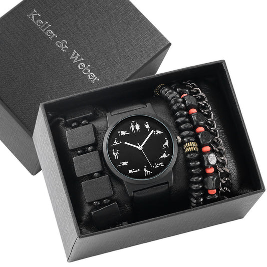 A stylish men's gift box set featuring a quartz watch with a leather strap and three matching bracelets. Perfect for any occasion.