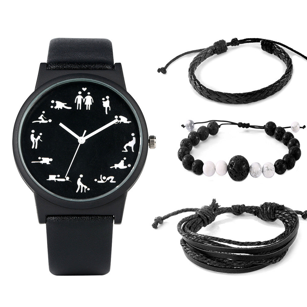 A stylish men's gift box set featuring a quartz watch with a leather strap and three matching bracelets. Perfect for any occasion.