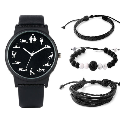 A stylish men's gift box set featuring a quartz watch with a leather strap and three matching bracelets. Perfect for any occasion.