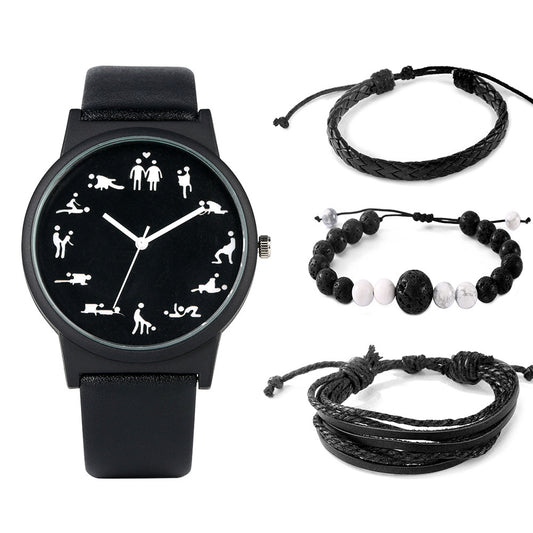 A stylish men's gift box set featuring a quartz watch with a leather strap and three matching bracelets. Perfect for any occasion.