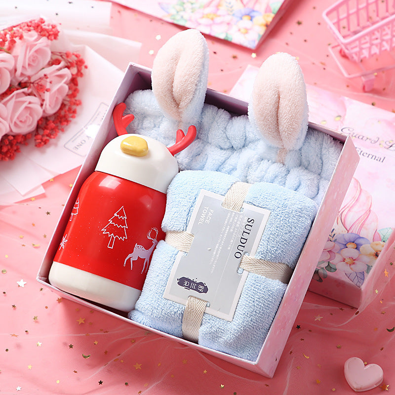 Birthday Cute Gift Set featuring coral fleece towels, matching hair bands, and optional glass cups, umbrellas, or eye masks in various stylish combinations.