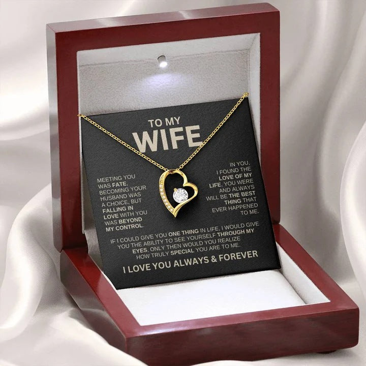 Heart-shaped Love Necklace in elegant gift box, perfect for wife, symbolizing love and affection, with options for silver or gold card and high-grade solid wood gift boxes.