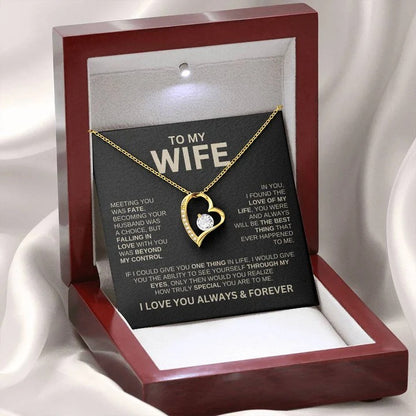 Heart-shaped Love Necklace in elegant gift box, perfect for wife, symbolizing love and affection, with options for silver or gold card and high-grade solid wood gift boxes.