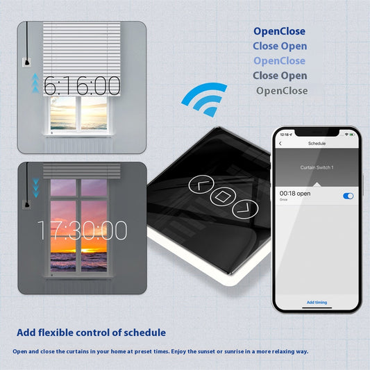 WiFi Smart Curtain with control panel, featuring a waterproof design, timing function, and 2.4GHz RF433 WiFi connectivity. Made with tempered glass and designed for indoor use, it offers smart automation for modern homes.