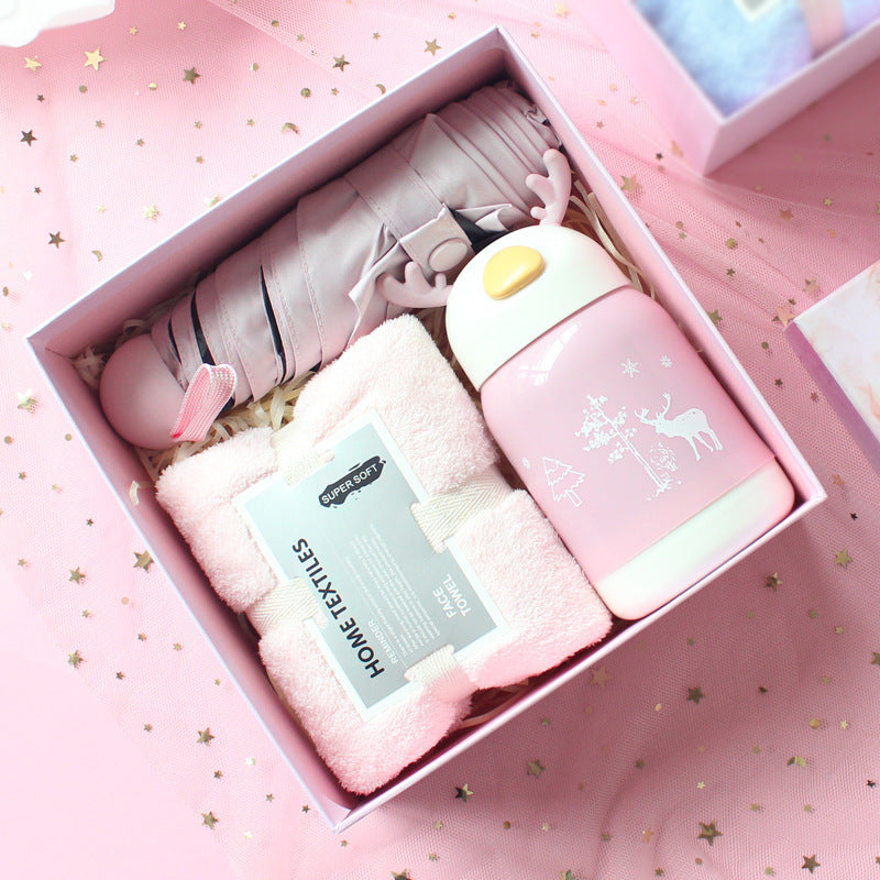 Birthday Cute Gift Set featuring coral fleece towels, matching hair bands, and optional glass cups, umbrellas, or eye masks in various stylish combinations.