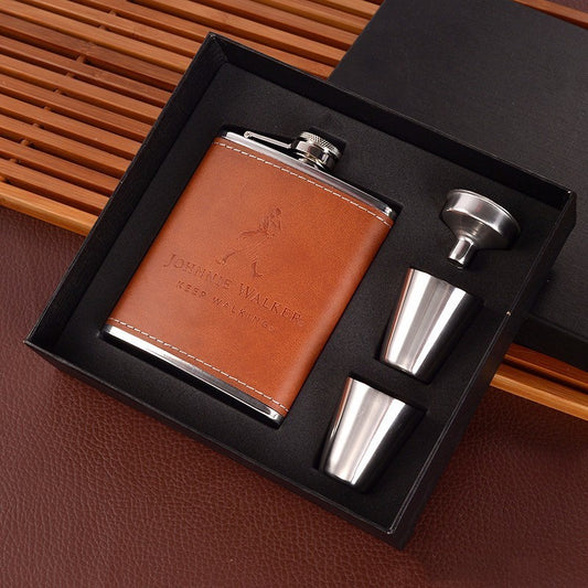 Stainless Steel Bottle Set with a 7oz bottle, funnel, two cups, and a gift box. Elegant and durable design, perfect for gifting or personal use.