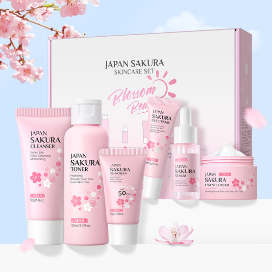 Indulge in the delicate touch of cherry blossoms with this luxurious 6-piece skincare set—specially designed to cleanse, nourish, and rejuvenate your skin. Infused with the essence of cherry blossoms, this set delivers deep hydration, promotes a radiant glow, and leaves your skin feeling refreshed and silky smooth.
