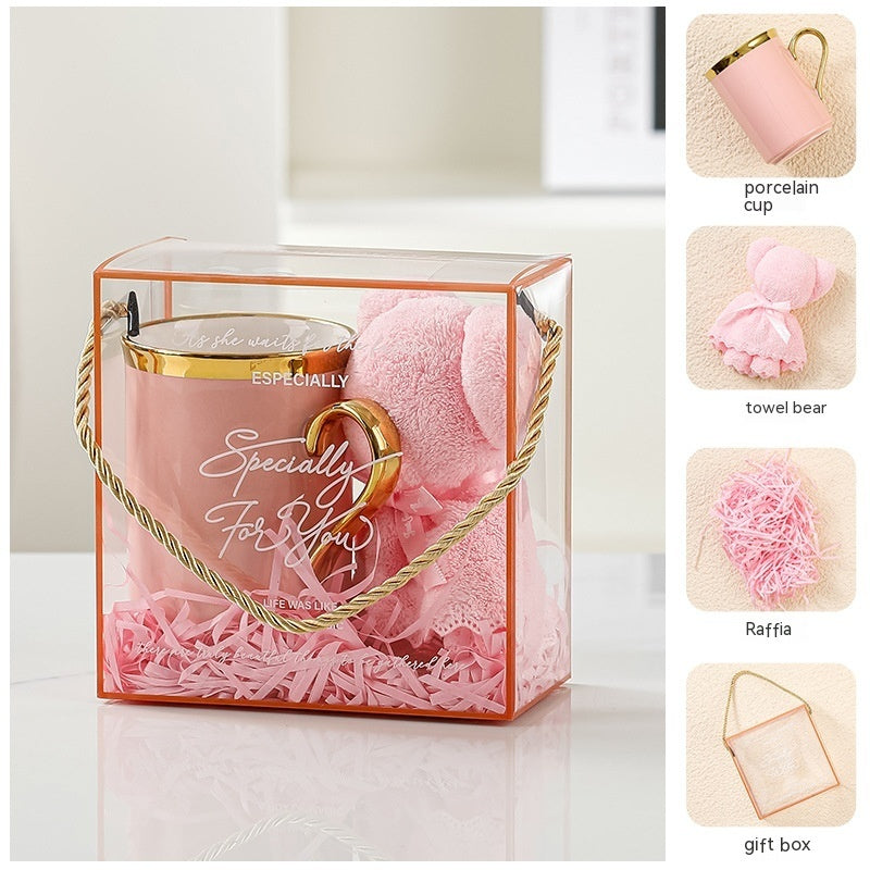 Home Creative Companion Gift Set – Elegant ceramic cup, towel bear, raffles, and gift box in light luxury pink, blue, and letter designs. Perfect for gifting!