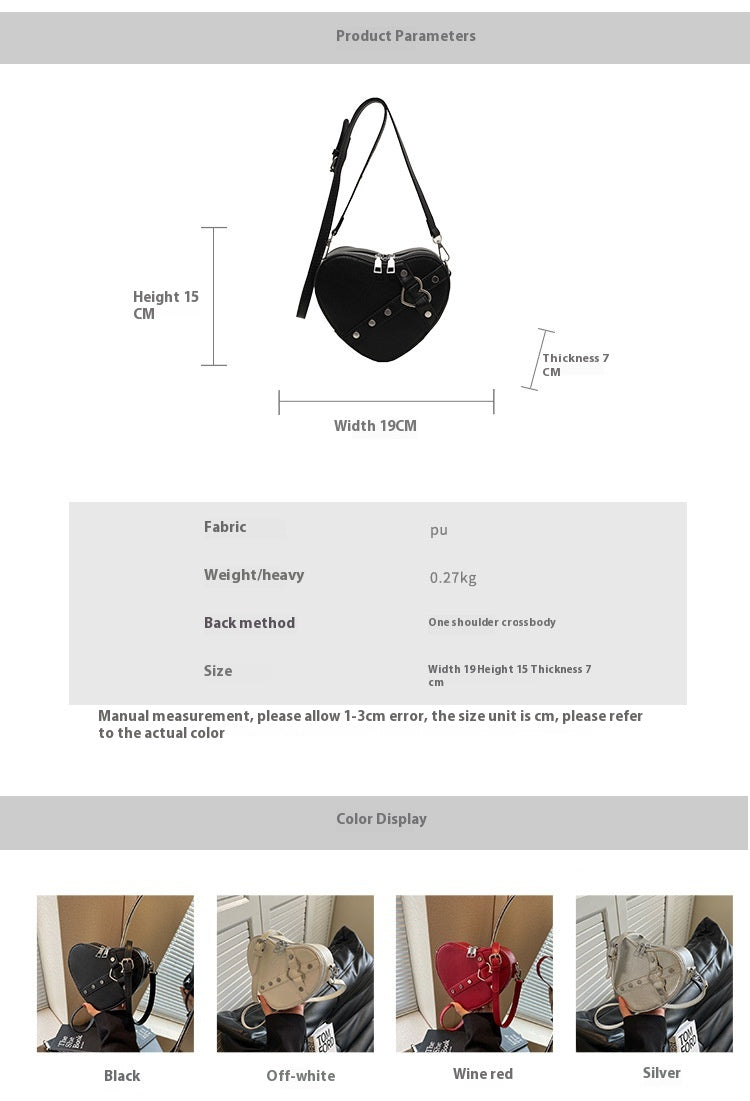 Cute heart-shaped shoulder messenger bag made of soft PU material, featuring a zipper change bag inside. Available in black, cream white, silver, and wine red, with a single shoulder strap and an urban simplicity style for everyday use.