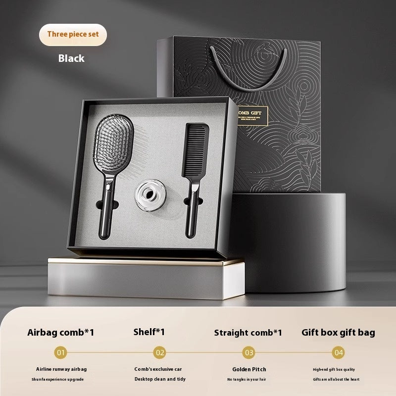 5-piece hair care gift set featuring an airbag comb, straight comb, storage racks, cleaning brush, and an elegant gift box with a gift bag. Ideal for hair styling and organization.