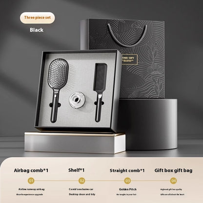 5-piece hair care gift set featuring an airbag comb, straight comb, storage racks, cleaning brush, and an elegant gift box with a gift bag. Ideal for hair styling and organization.