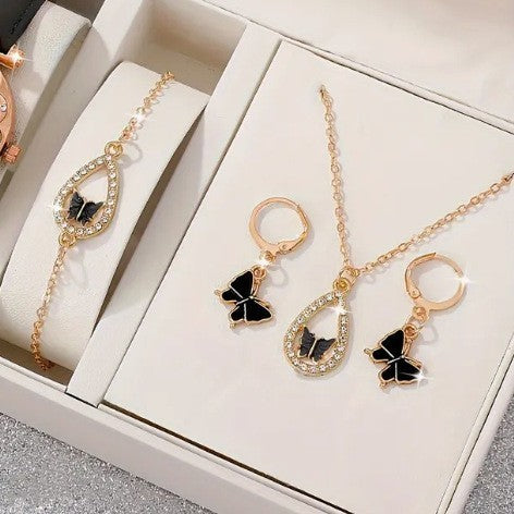 Elegant Butterfly Jewelry Set featuring a necklace, earrings, bracelet, and ring in electroplated alloy, available in red, pink, white, and black.