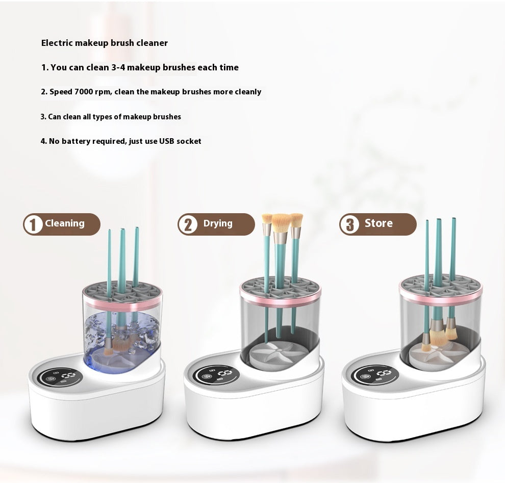 **Electric Makeup Brush Cleaner – Deep Clean, Dry & Disinfect! 💄✨** A powerful brush cleaning machine (192x122x173mm) with **850 r/min** high-speed rotation to remove **98% of makeup residue**. Features a **drying & disinfecting chamber**, a **one-button switch**, and **smart timing options (5-min cleaning, 2/5-hour drying)**. No batteries or assembly needed—just plug in and go! Compact and travel-friendly for effortless brush maintenance anywhere. 🌸