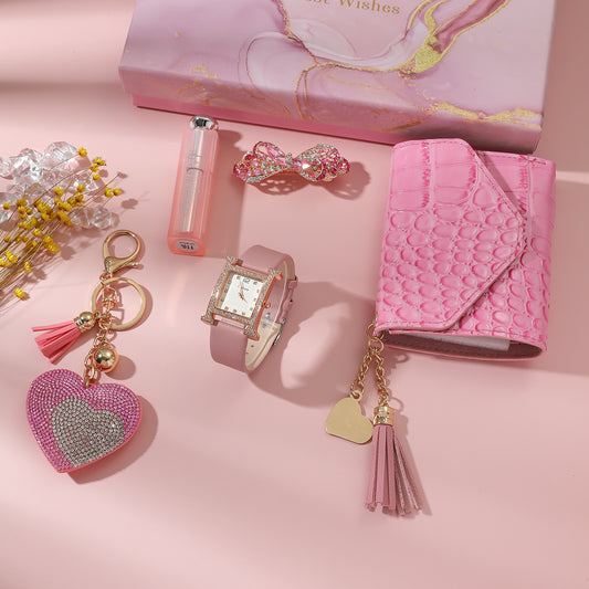 **Ladies Pink Watch Gift Set – Elegant & Functional 💖** A stylish **quartz movement** watch with **chronograph** function and **pointer display**. Available in **square belt**, **round belt**, and **square rubber** designs, featuring a **35mm dial** and **screw crown**. Includes a **wallet**, **vanity mirror**, **key chain**, and **brooch**—the perfect gift set for any occasion. 🎁