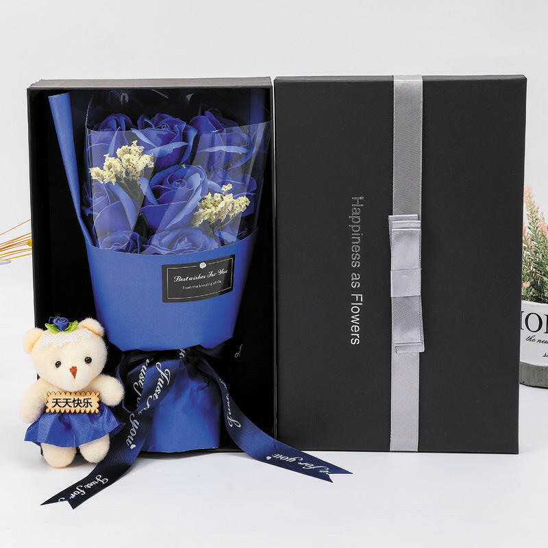 Soap flower bouquet with 9 flowers and 1 bear gift bag, available in red, pink, or blue, perfect for Teacher's Day or special occasions