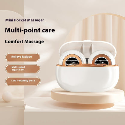 Portable silver USB-powered pocket massage instrument designed for soothing massages, with a compact size for easy travel and a scrub-cleaning method.