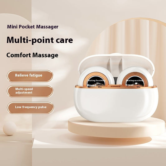 Portable silver USB-powered pocket massage instrument designed for soothing massages, with a compact size for easy travel and a scrub-cleaning method.