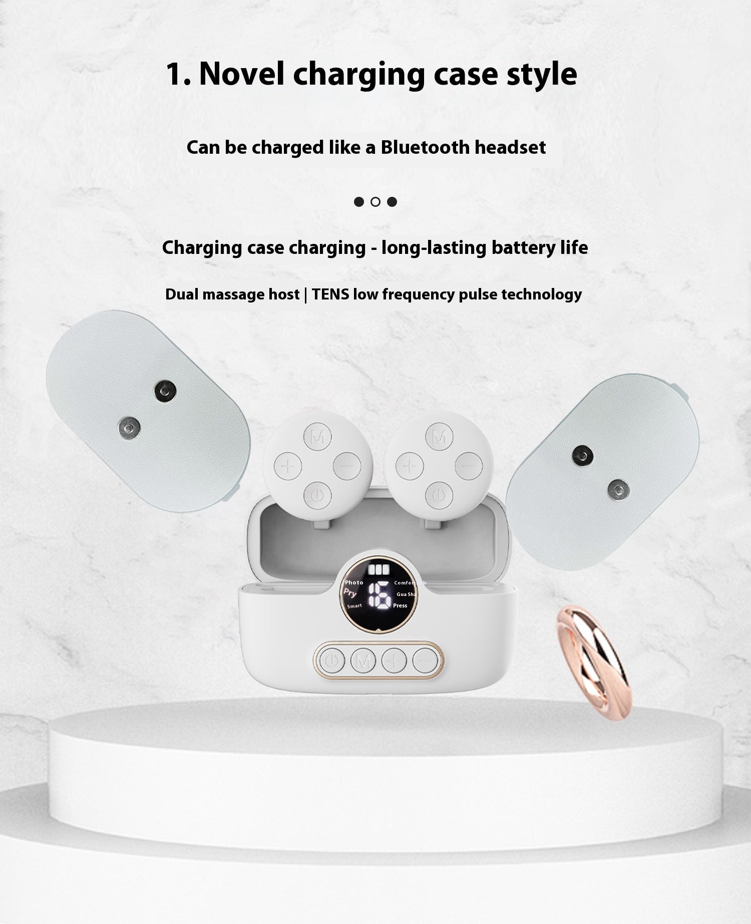 Portable silver USB-powered pocket massage instrument designed for soothing massages, with a compact size for easy travel and a scrub-cleaning method.