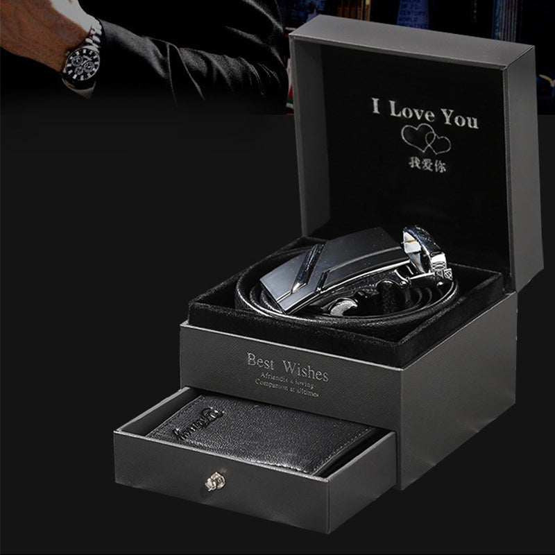 Leather Belt & Wallet Gift Box featuring a premium leather belt and either a stylish watch or wallet, all in a sleek 12 x 12 x 9 cm gift box. A perfect, elegant gift set.