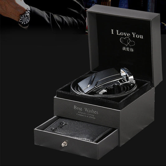 Leather Belt & Wallet Gift Box featuring a premium leather belt and either a stylish watch or wallet, all in a sleek 12 x 12 x 9 cm gift box. A perfect, elegant gift set.