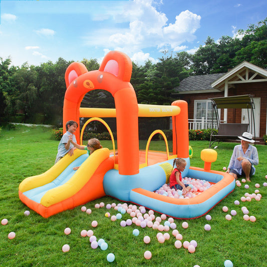 **Bear-Themed Bouncy Castle – Fun & Safe Playtime! 🐻🎈** A spacious inflatable bouncy castle (300x300x235cm) made from durable 420D+840D PVC fabric. Comes with a 350W blower, with options for 450W or 750W. Quick to set up, perfect for parties, backyards, and events. Includes 1 inflatable bed and 1 blower for endless fun! 🎉