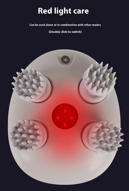 Octopus scalp massage instrument with 4 adjustable gears, USB-powered, available in three models: K113 (no base, no hot compress), K111 (with base and red hot compress), K112 (with base, microcurrent, and red hot compress). Comes with multilingual manuals in Chinese, English, and Japanese.