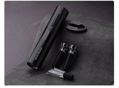 Five-in-One Electric Bottle Opener Set featuring a decanter, paper cutter, pull-out vacuum plug, USB cable, and storage box, all made with durable ABS plastic. A sleek, modern design ideal for various gift-giving occasions.