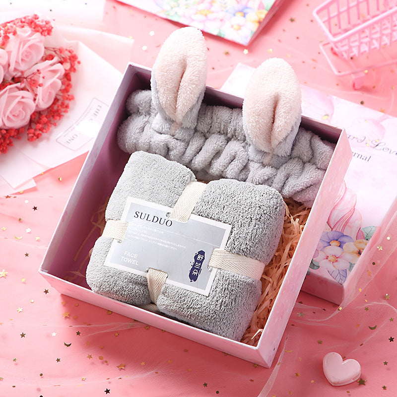 Birthday Cute Gift Set featuring coral fleece towels, matching hair bands, and optional glass cups, umbrellas, or eye masks in various stylish combinations.