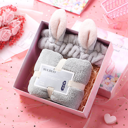 Birthday Cute Gift Set featuring coral fleece towels, matching hair bands, and optional glass cups, umbrellas, or eye masks in various stylish combinations.