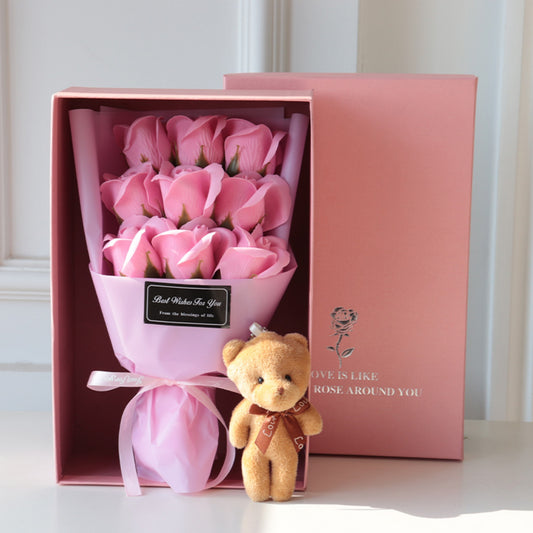 Rose bouquet gift set with soap flowers, including a cute bear and a gift bag, perfect for special occasions like Valentine's Day, Mother's Day, or birthdays