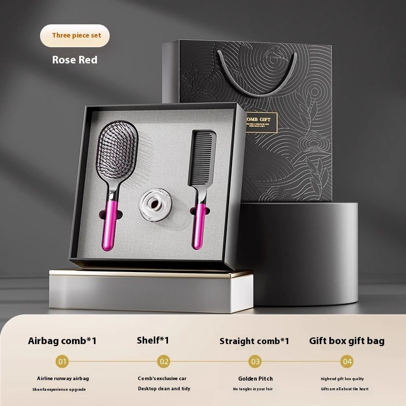 5-piece hair care gift set featuring an airbag comb, straight comb, storage racks, cleaning brush, and an elegant gift box with a gift bag. Ideal for hair styling and organization.