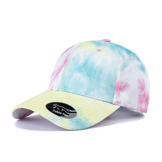 Gradient colorful tie-dye baseball cap with flower pattern, designed for sun protection and ventilation, made from soft cotton material, suitable for all seasons