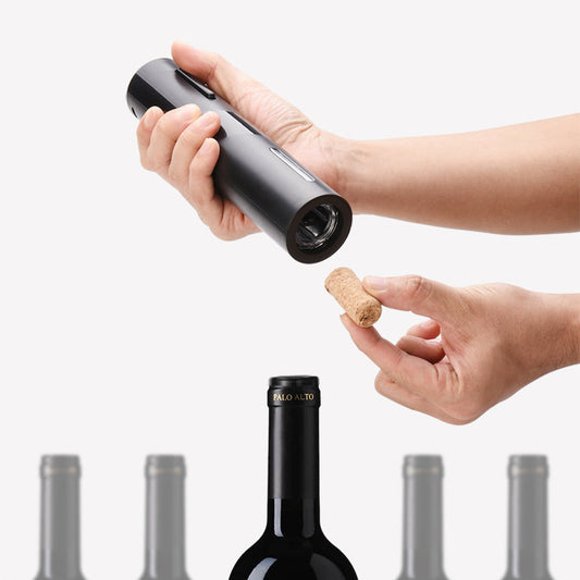 Five-in-One Electric Bottle Opener Set featuring a decanter, paper cutter, pull-out vacuum plug, USB cable, and storage box, all made with durable ABS plastic. A sleek, modern design ideal for various gift-giving occasions.