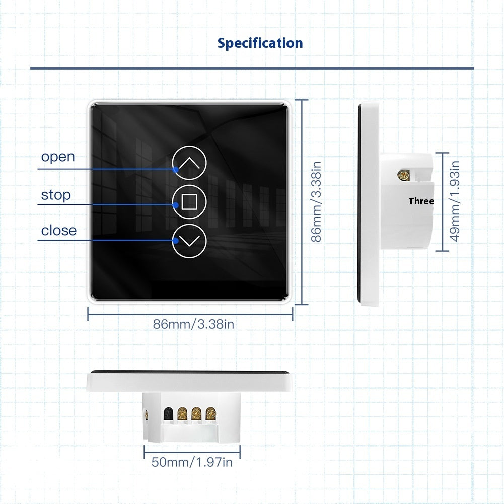 WiFi Smart Curtain with control panel, featuring a waterproof design, timing function, and 2.4GHz RF433 WiFi connectivity. Made with tempered glass and designed for indoor use, it offers smart automation for modern homes.