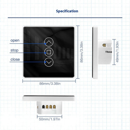 WiFi Smart Curtain with control panel, featuring a waterproof design, timing function, and 2.4GHz RF433 WiFi connectivity. Made with tempered glass and designed for indoor use, it offers smart automation for modern homes.