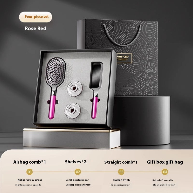 5-piece hair care gift set featuring an airbag comb, straight comb, storage racks, cleaning brush, and an elegant gift box with a gift bag. Ideal for hair styling and organization.