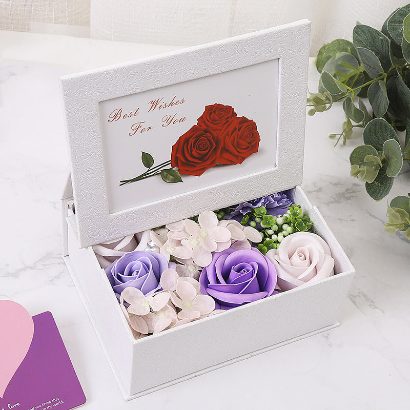 **Rose Flower Box – A handmade bouquet of soap roses in an elegant photo box, available in pink, red, blue, orange, and purple. Perfect for gifting on special occasions.**
