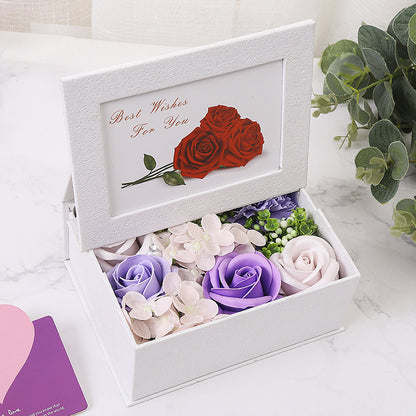**Rose Flower Box – A handmade bouquet of soap roses in an elegant photo box, available in pink, red, blue, orange, and purple. Perfect for gifting on special occasions.**