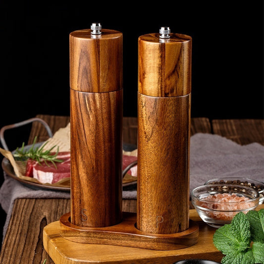 Acacia Mangium 8-inch manual pepper grinder with a ceramic grinding mechanism, available in single, 2-piece, or 3-piece sets. Modern, minimalist design with color box packaging.