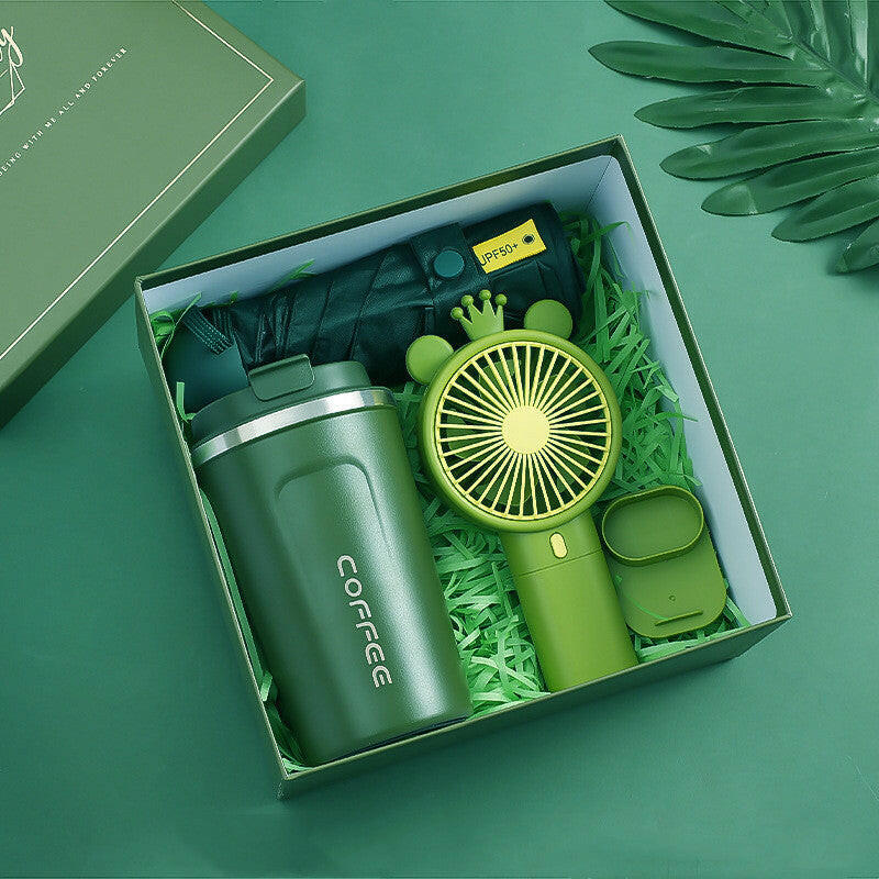 Graduation gift set with a vacuum cup, fan, umbrella, and elegant gift box, perfect for celebrating a graduate's achievement